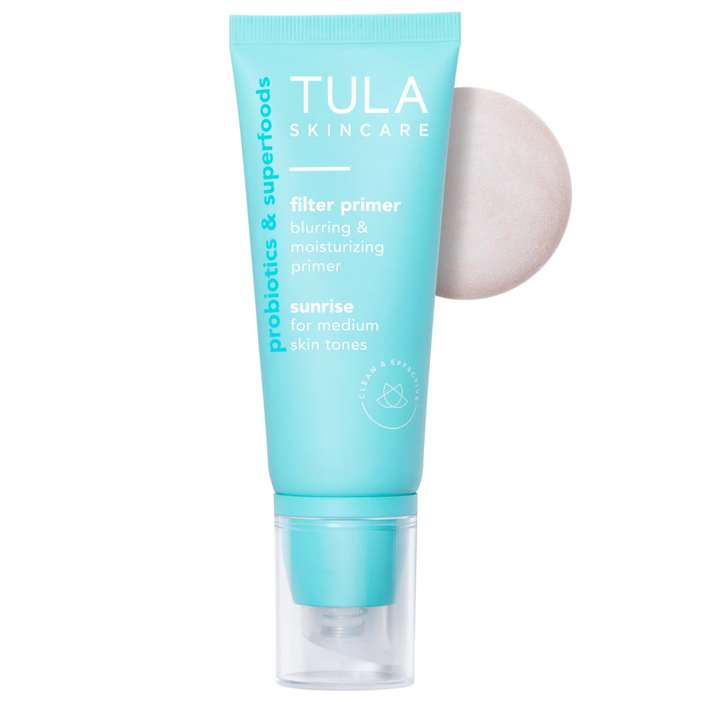 TULA Face Filter Sunrise primer bottle delivers a radiant, even-toned base.