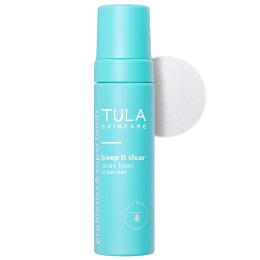 TULA Keep It Clear acne foam cleanser bottle shows probiotic formula for balanced skin.
