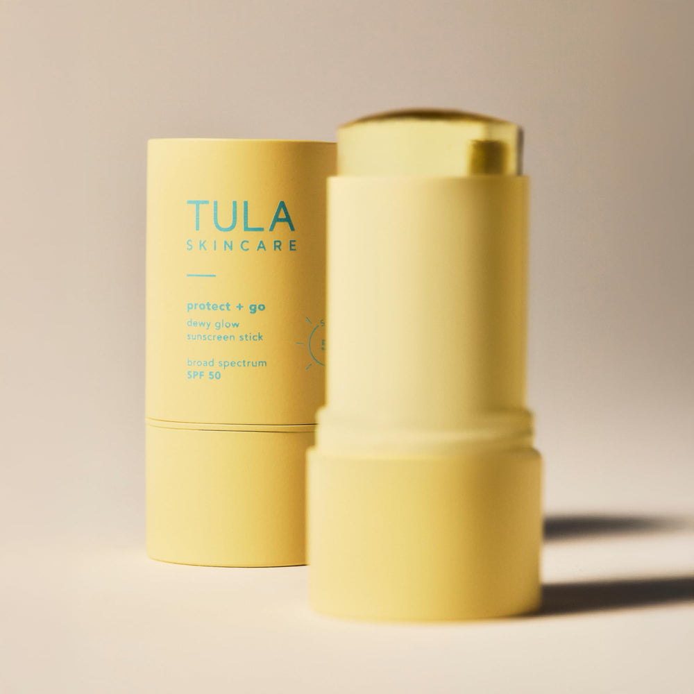 TULA Protect + Glow on skin delivering a non-greasy, dewy glow finish.