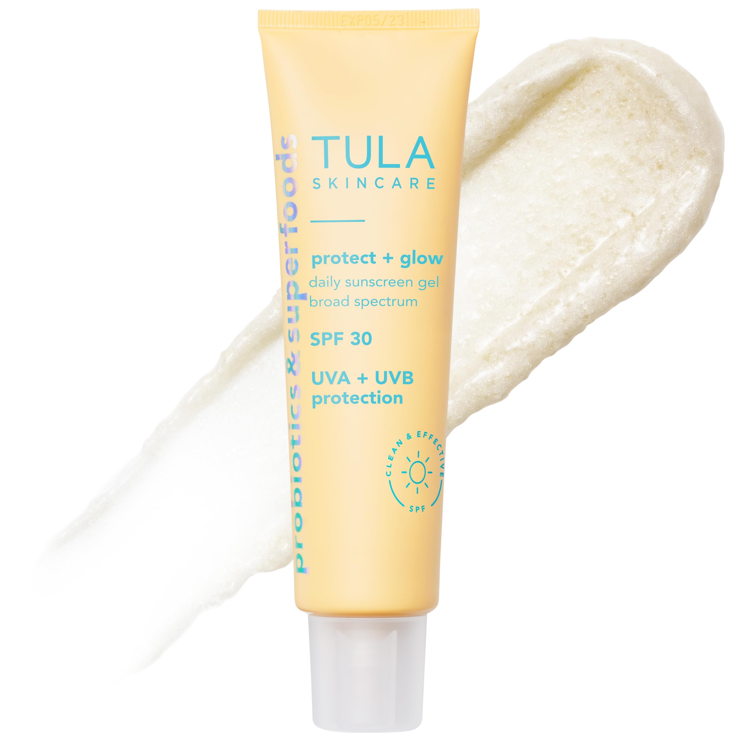 TULA Protect + Glow sunscreen gel bottle showing daily SPF 30 protection.