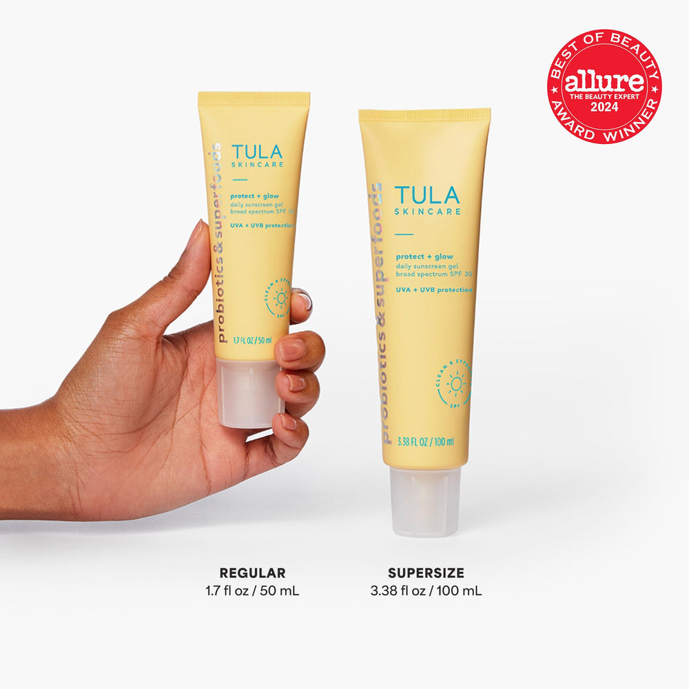 Close-up of TULA Protect + Glow gel texture for smooth, non-greasy application.
