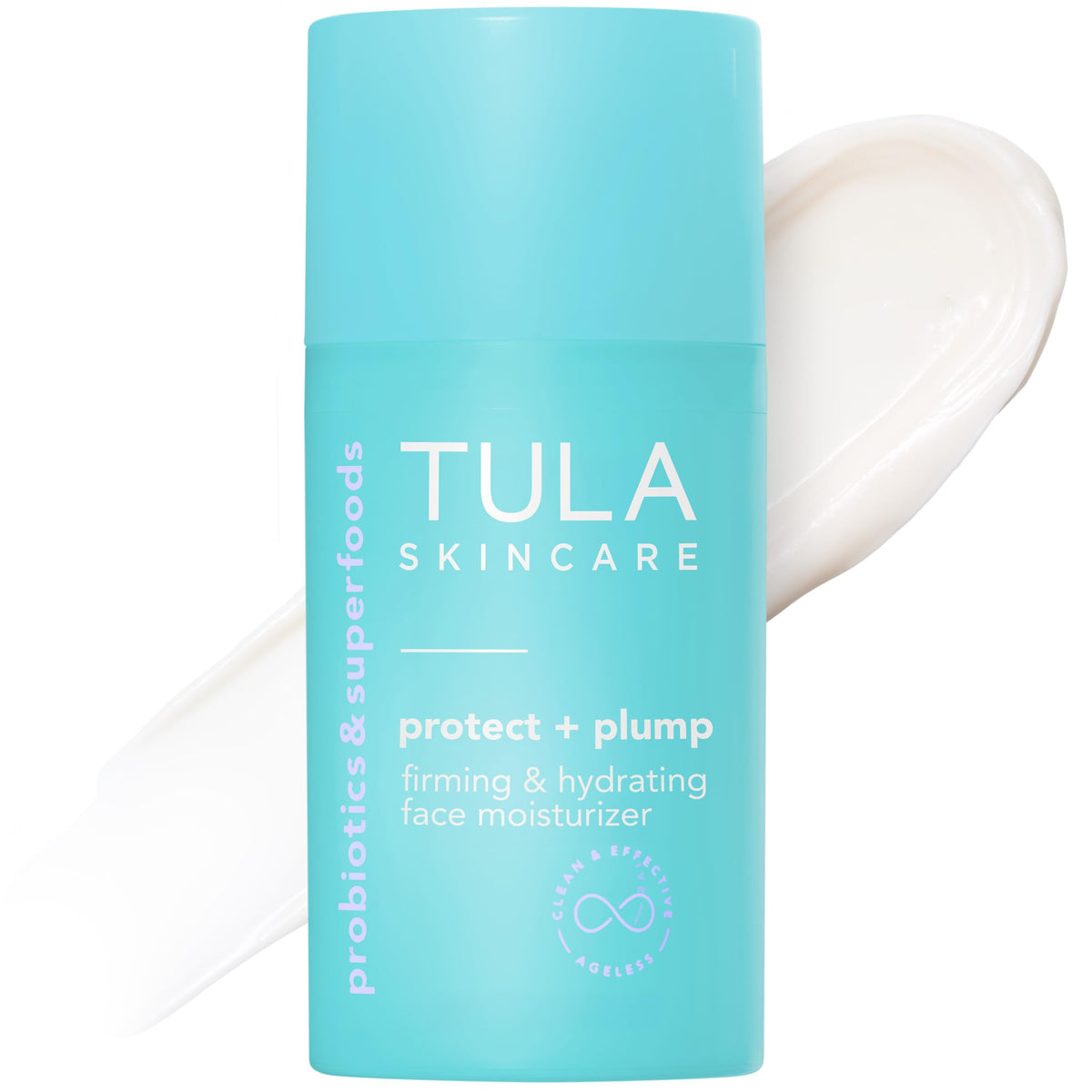 TULA Protect Plump bottle front showing a sleek, lightweight moisturizer for daily hydration and wrinkle-minimizing look