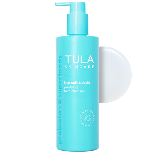 TULA purifying face cleanser bottle, gentle makeup remover for all skin types.