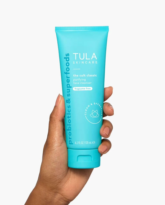 TULA Purifying Face Cleanser foam close-up shows gentle cleansing.