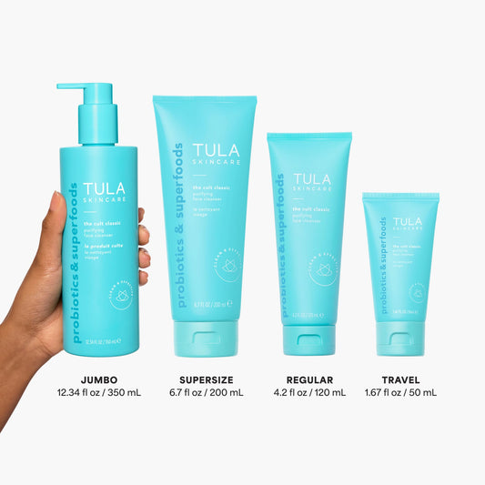 TULA Purifying Face Cleanser foaming lather on hand for deep cleansing