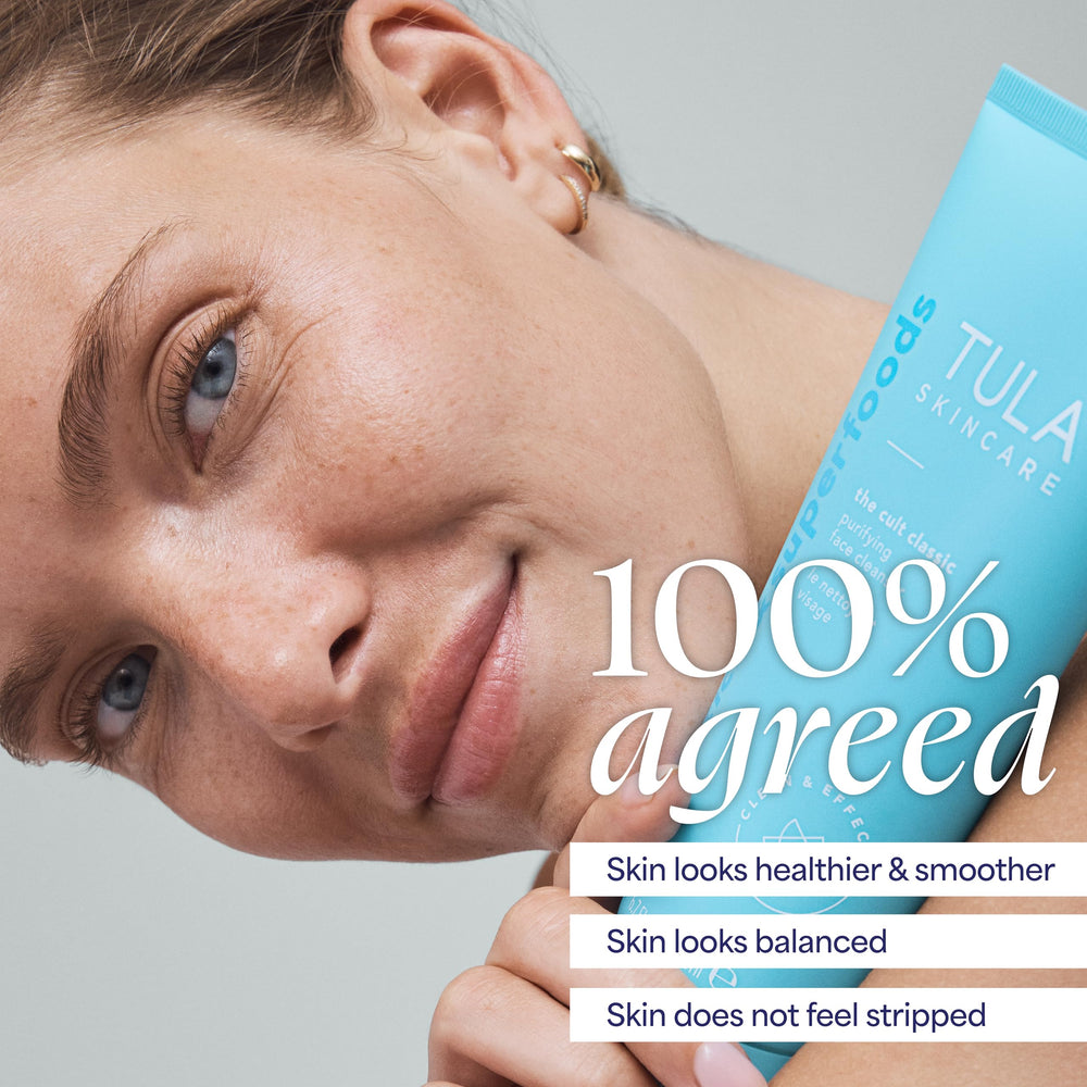 TULA Purifying Face Cleanser packaging and outer box, travel-friendly