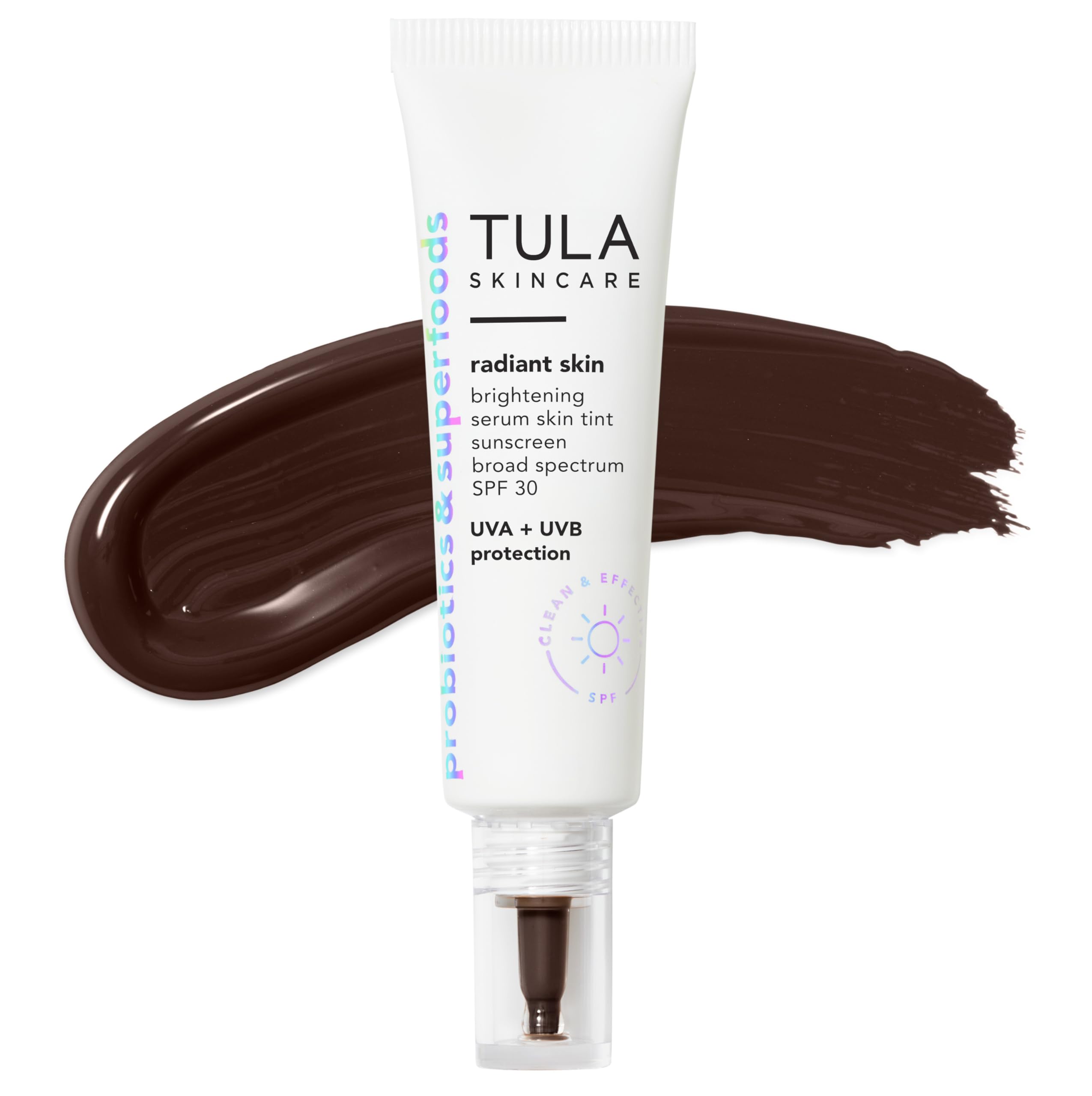 TULA radiant skin brightening serum SPF 30 bottle showing luminous finish and glow