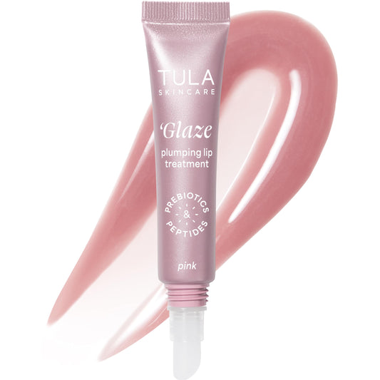 TULA Rose Glow Get It Lip Balm bottle close-up showing glossy hydration and rosy shine
