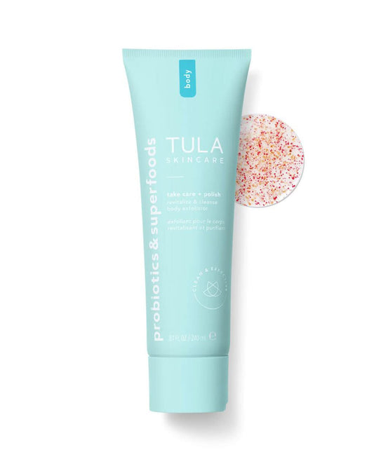 TULA Take Care + Polish bottle showing packaging and 8.1 oz size