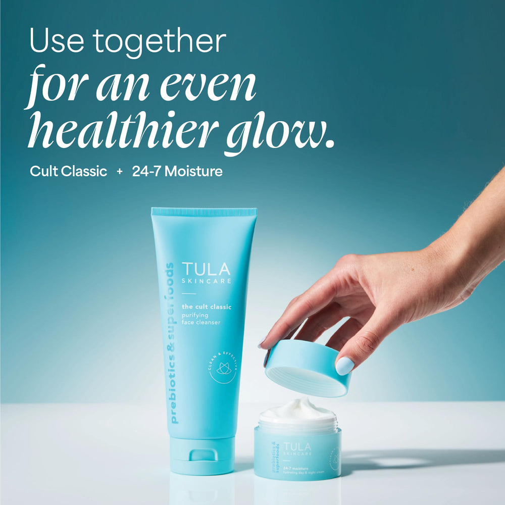 TULA Travel-size bottle on vanity shows convenient daily routine option.