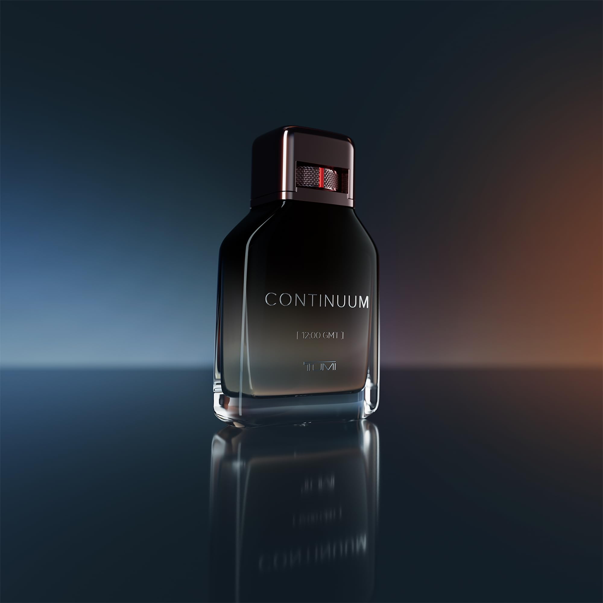 TUMI Atlas bottle close-up underscores amberwood and vetiver notes.