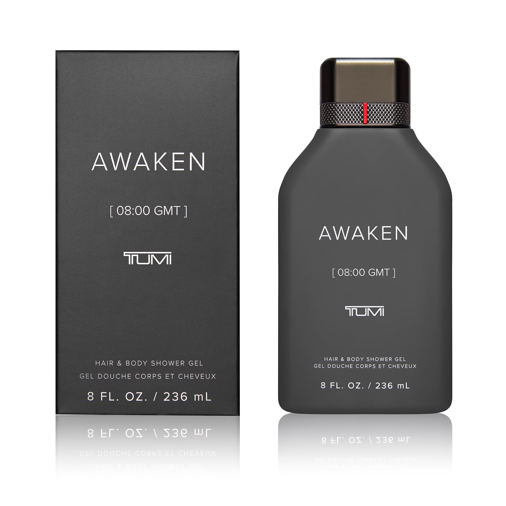 TUMI Awaken shower gel bottle with pour detail, energizing start to your day.