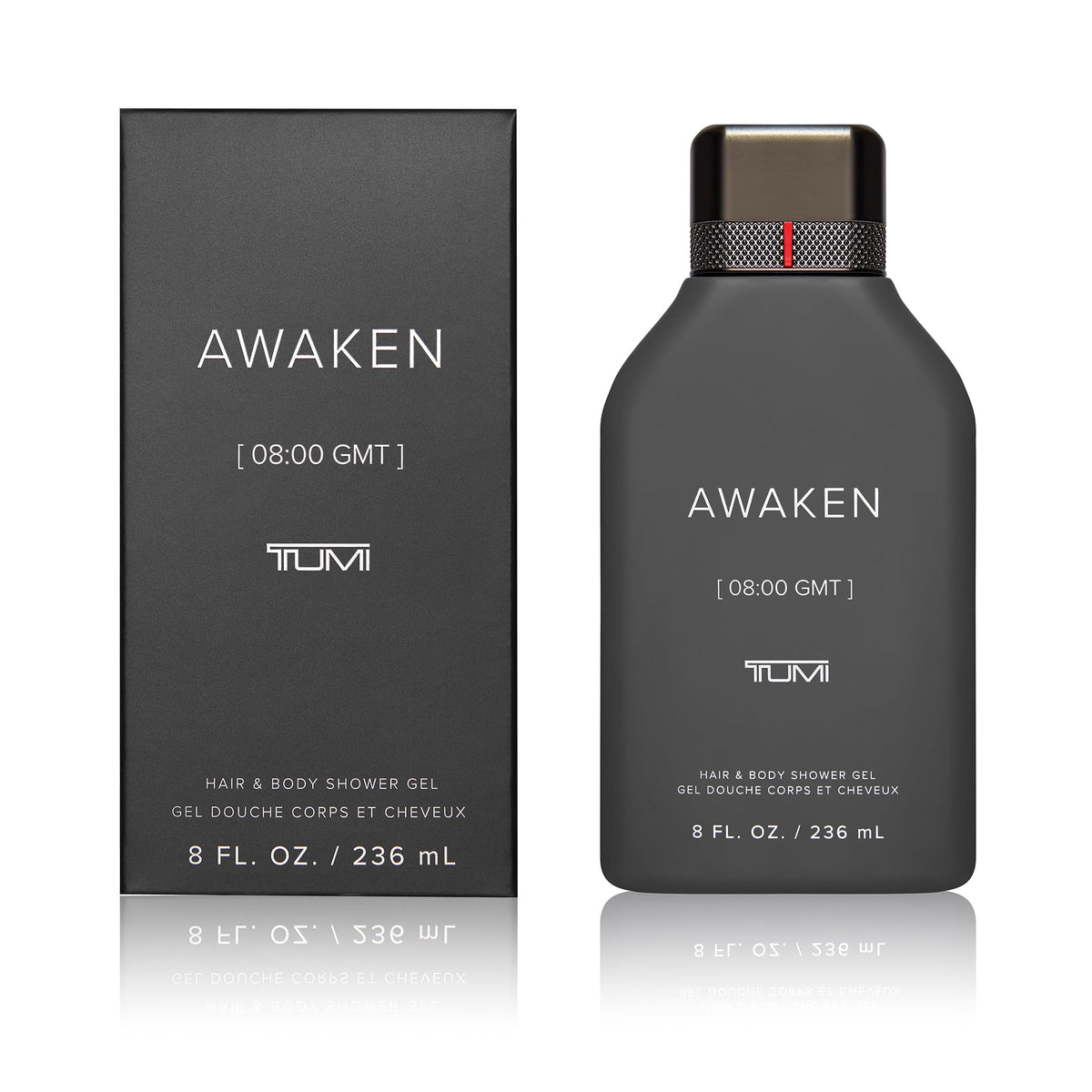 TUMI Awaken shower gel bottle with pour detail, energizing start to your day.
