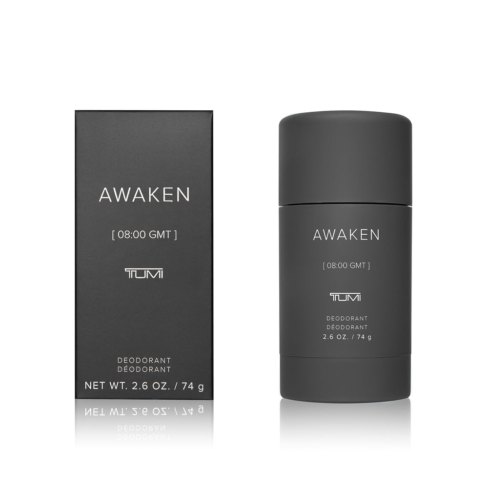TUMI Awaken deodorant bottle highlights green citrus top notes for all-day freshness