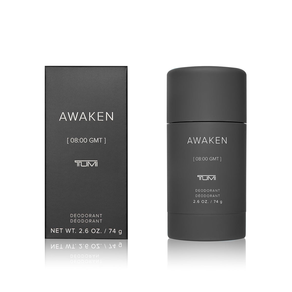 TUMI Awaken deodorant bottle highlights green citrus top notes for all-day freshness
