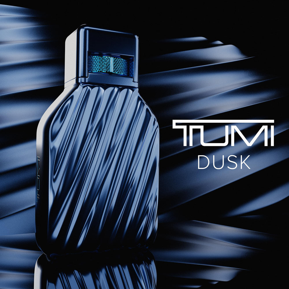 TUMI DUSK fragrance notes graphic outlines top, mid, and base.