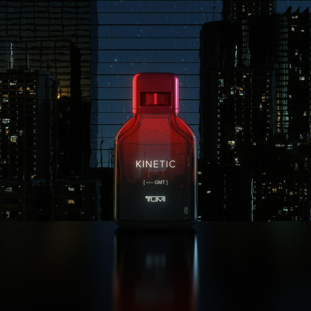 TUMI KINETIC travel-ready packaging demonstrates premium lifestyle appeal.