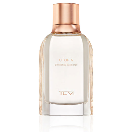 TUMI Utopia Experience Collector bottle cap detail suggesting premium craftsmanship and travel-inspired luxury.