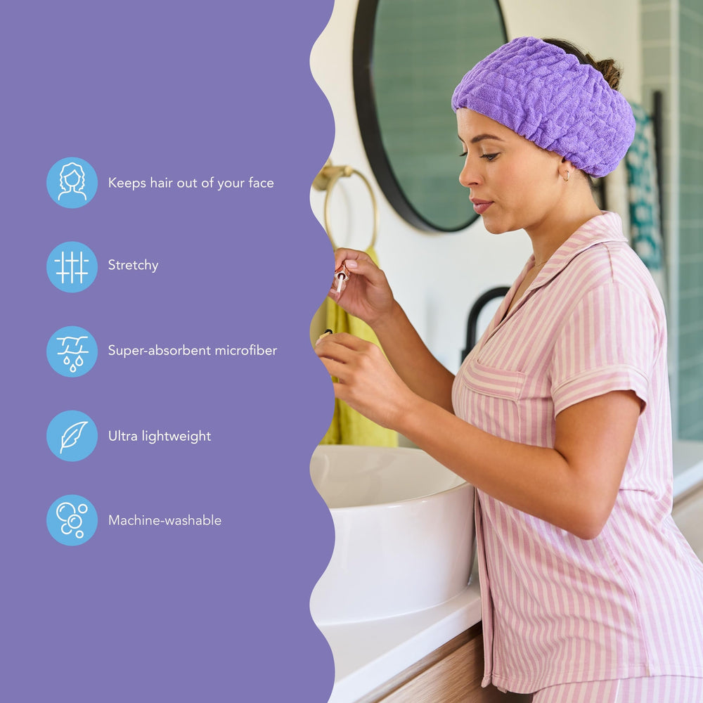 Turbie Twist purple headband keeps hair away during makeup application.