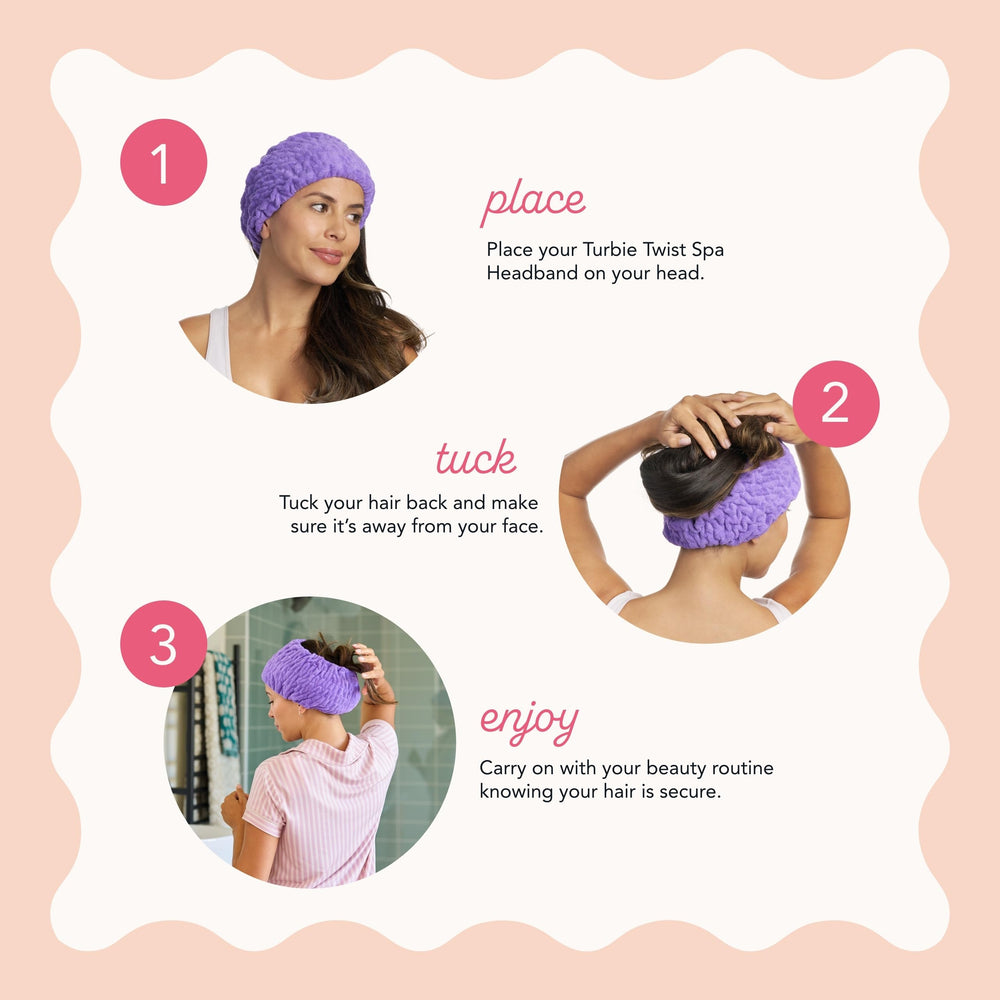 Turbie Twist white headband offers microfiber softness for spa days.