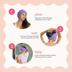 Turbie Twist white headband offers microfiber softness for spa days.