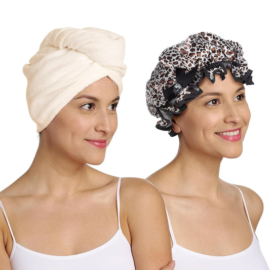 Turbie Twist microfiber hair towel wrap in tan and leopard print for quick drying.