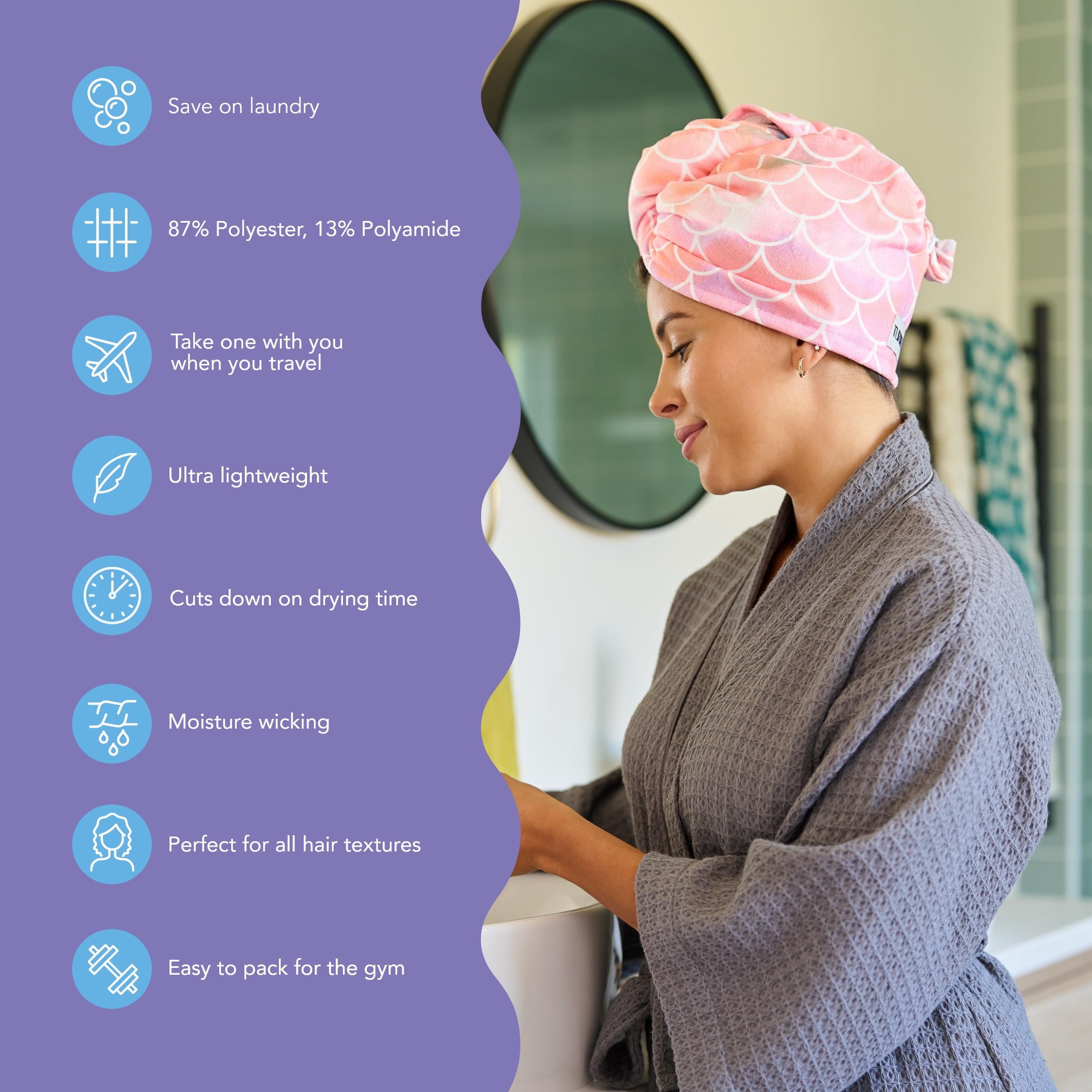 Turbie Twist Mermaid microfiber towel with twist-and-loop system for secure wear.