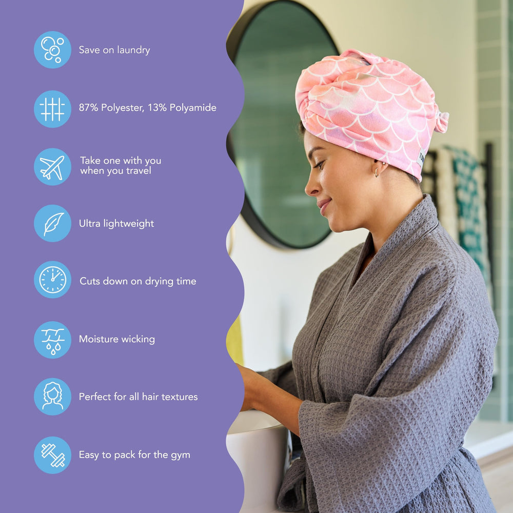 Turbie Twist Mermaid microfiber towel with twist-and-loop system for secure wear.