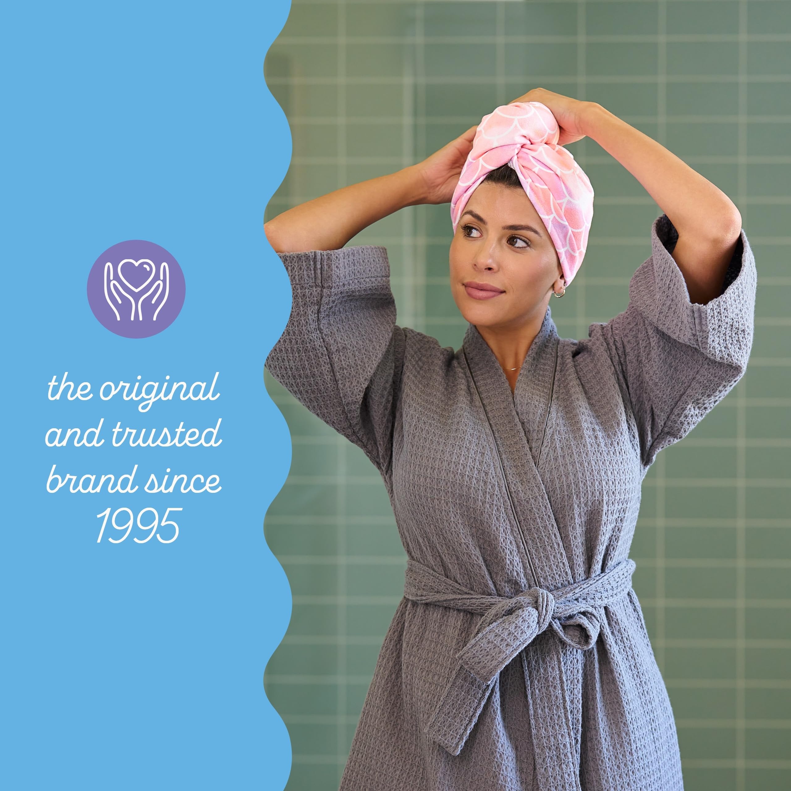 Turbie Twist Mermaid compact towel for easy post-shower routines on the go.