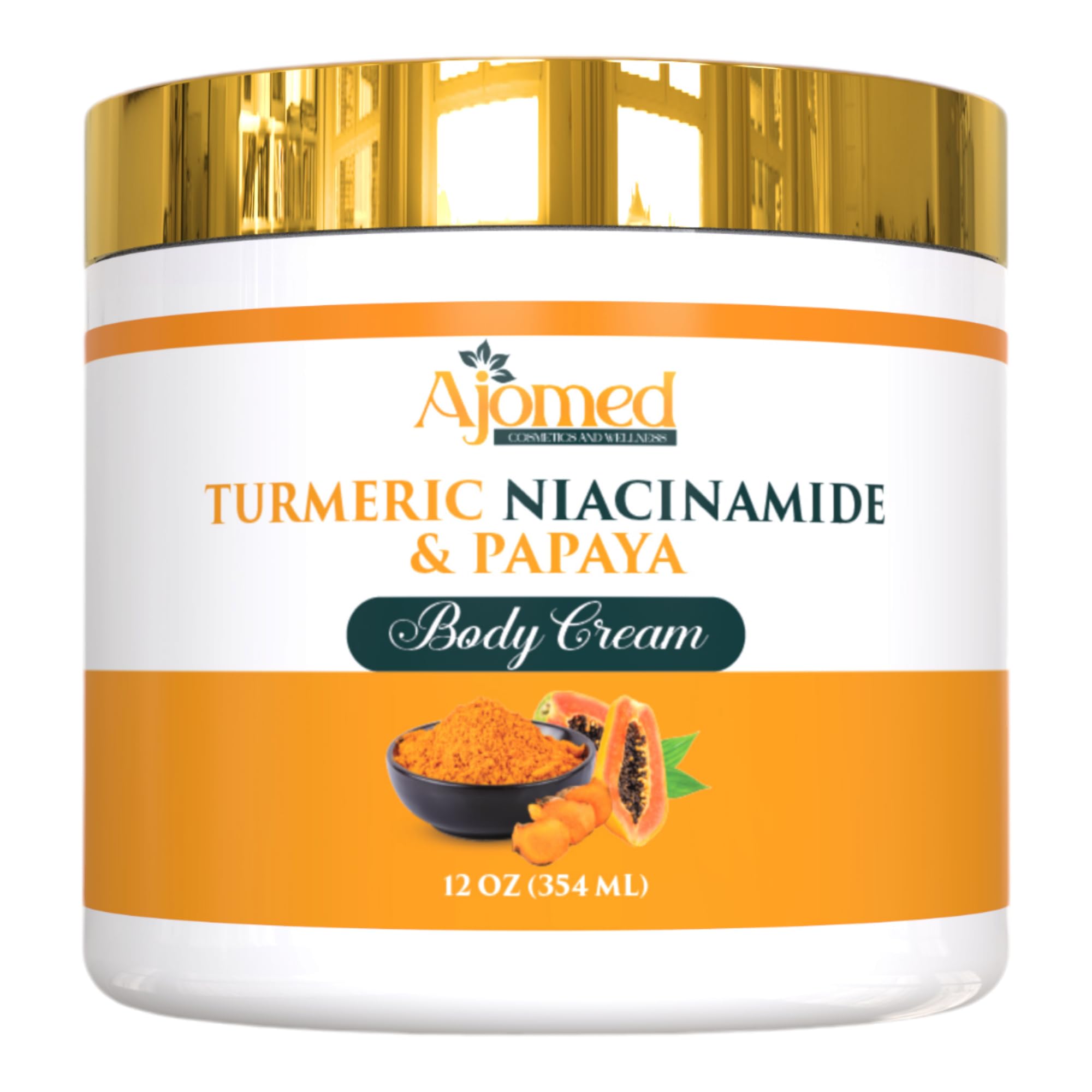 Turmeric body cream bottle with papaya extract for radiant skin.