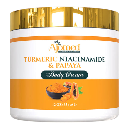 Turmeric body cream bottle with papaya extract for radiant skin.