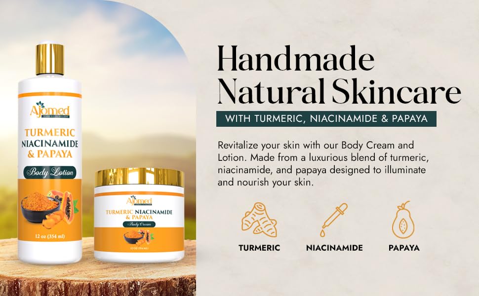 Turmeric body cream labeled jar showing even tone and hydration.