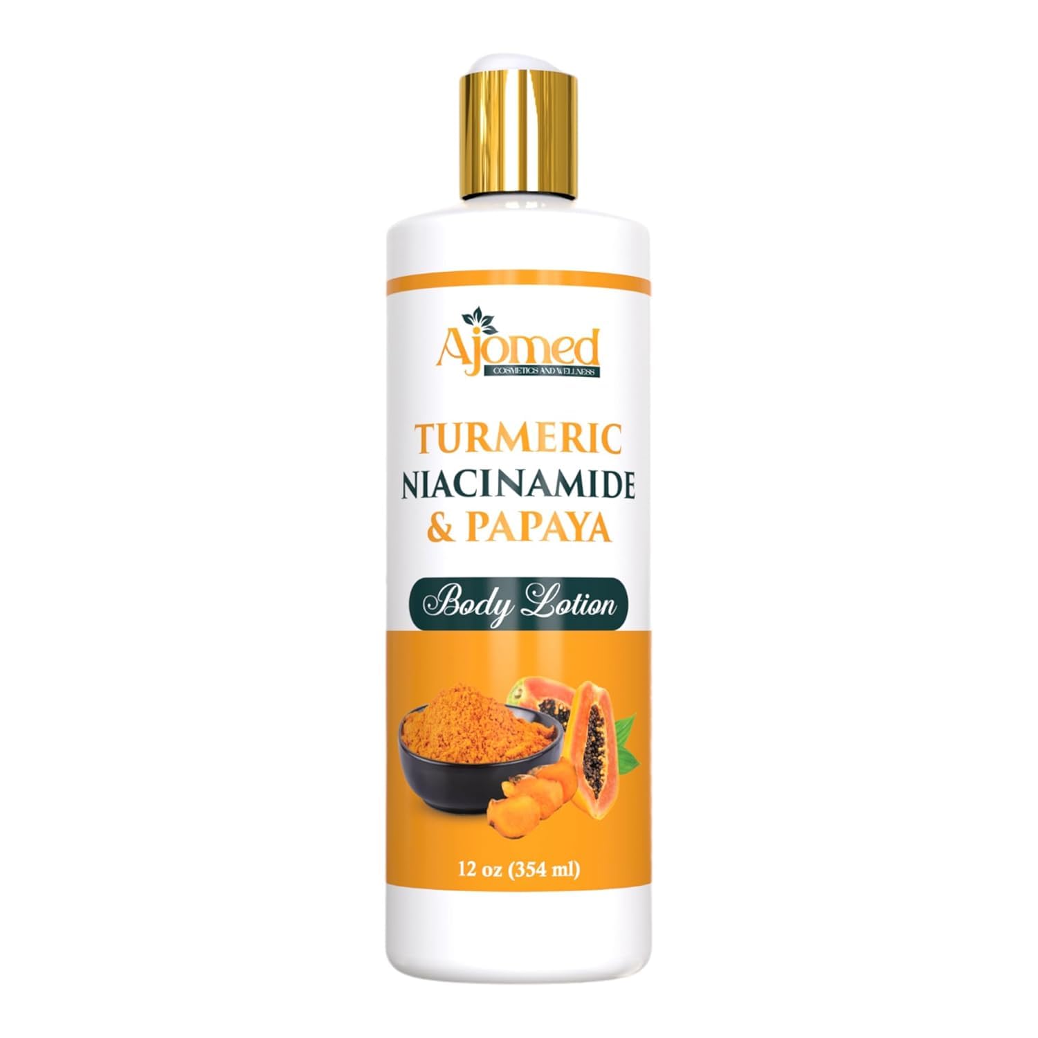 Turmeric body lotion bottle close-up showing rich texture for all skin types.