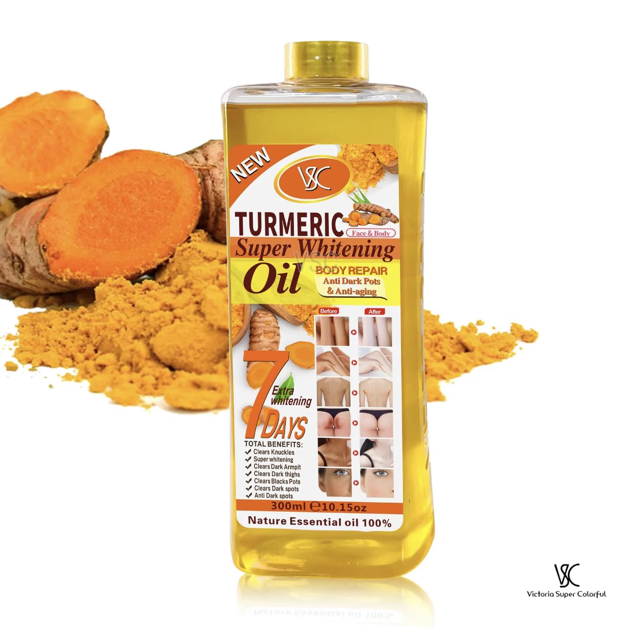 Turmeric Oil Super Whitening body bottle emphasizes deep hydration for smooth skin