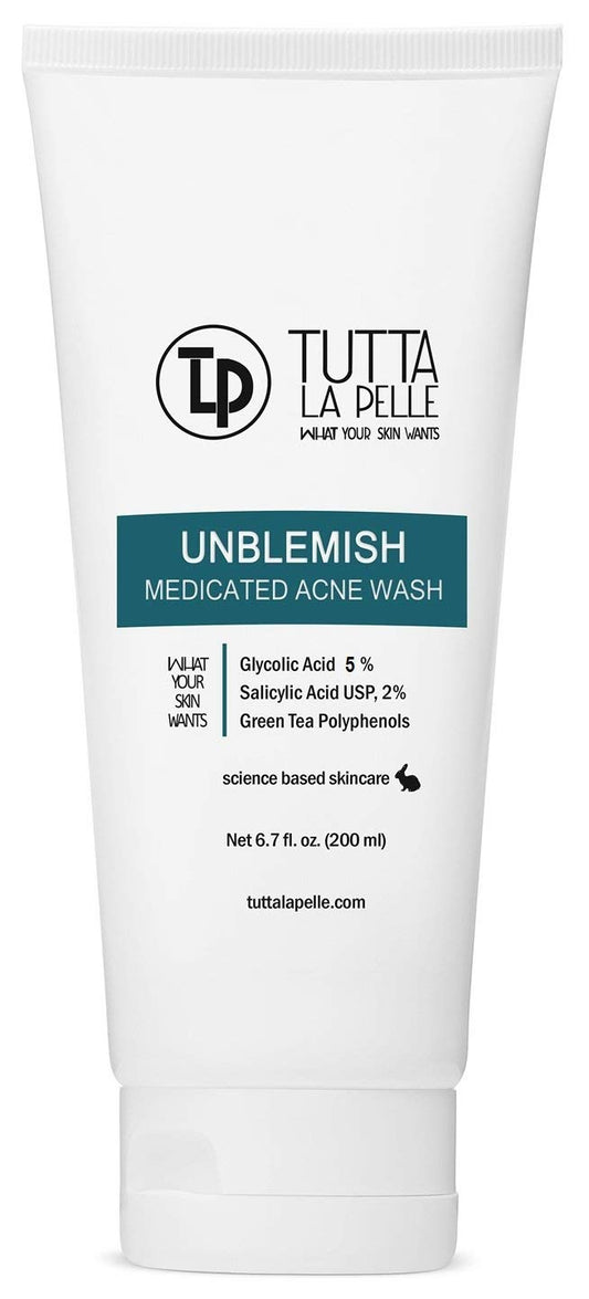 Tutta La Pelle Unblemish acne wash bottle front for daily acne care