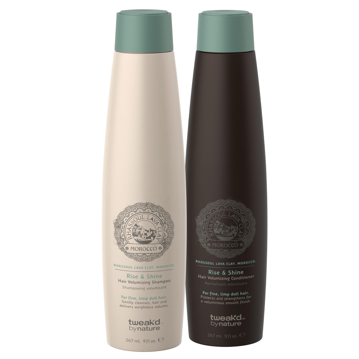 Tweak’d Rise and Shine shampoo bottle showing volumizing formula for fine hair