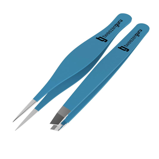 Tweezer Guru eyebrow tweezers set in teal offer precise shaping for flawless brows.