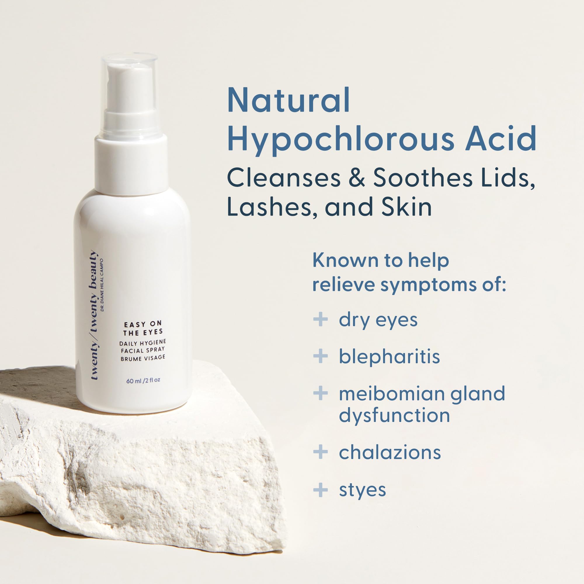 Twenty/Twenty Easy On The Eyes eyelid area closeup highlights a gentle, allergy-friendly formula.