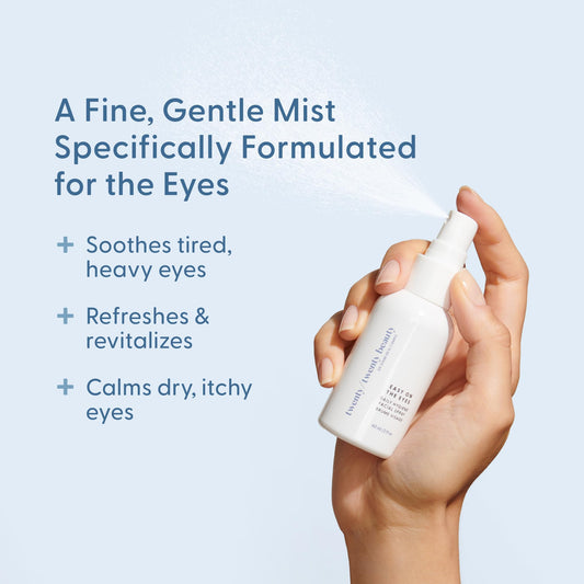 Twenty/Twenty Easy On The Eyes mist application soothes irritated eyes and cleanses lashes.