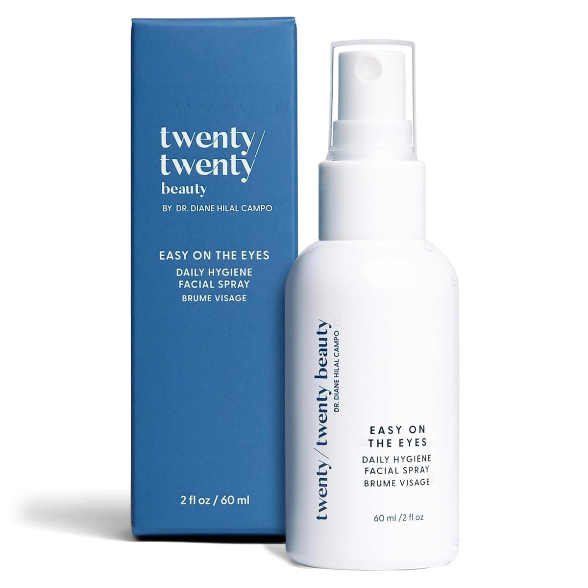 Twenty/Twenty Easy On The Eyes spray bottle demonstrates gentle cleansing for eyelids and lashes.