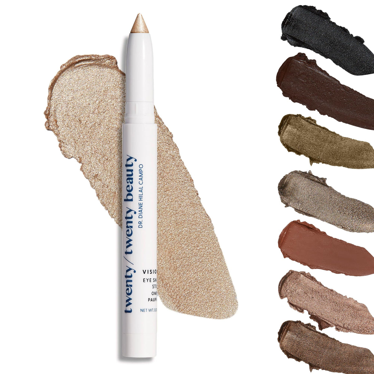 Twenty/Twenty Visionary Eyeshadow Stick packaging highlighting clean ingredients for sensitive eyes.