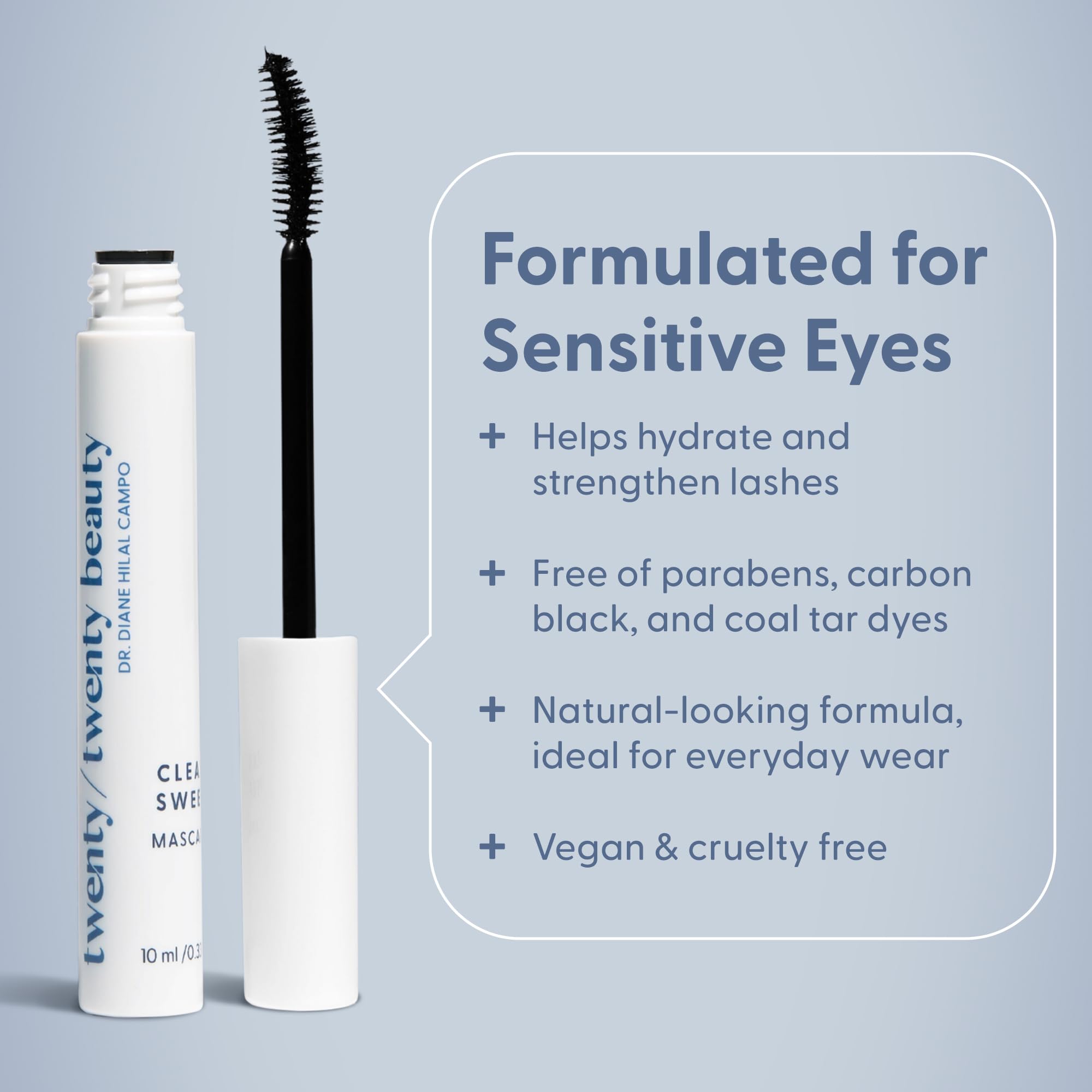 Close-up of Twenty Twenty mascara wand for precise, controlled lengthening.