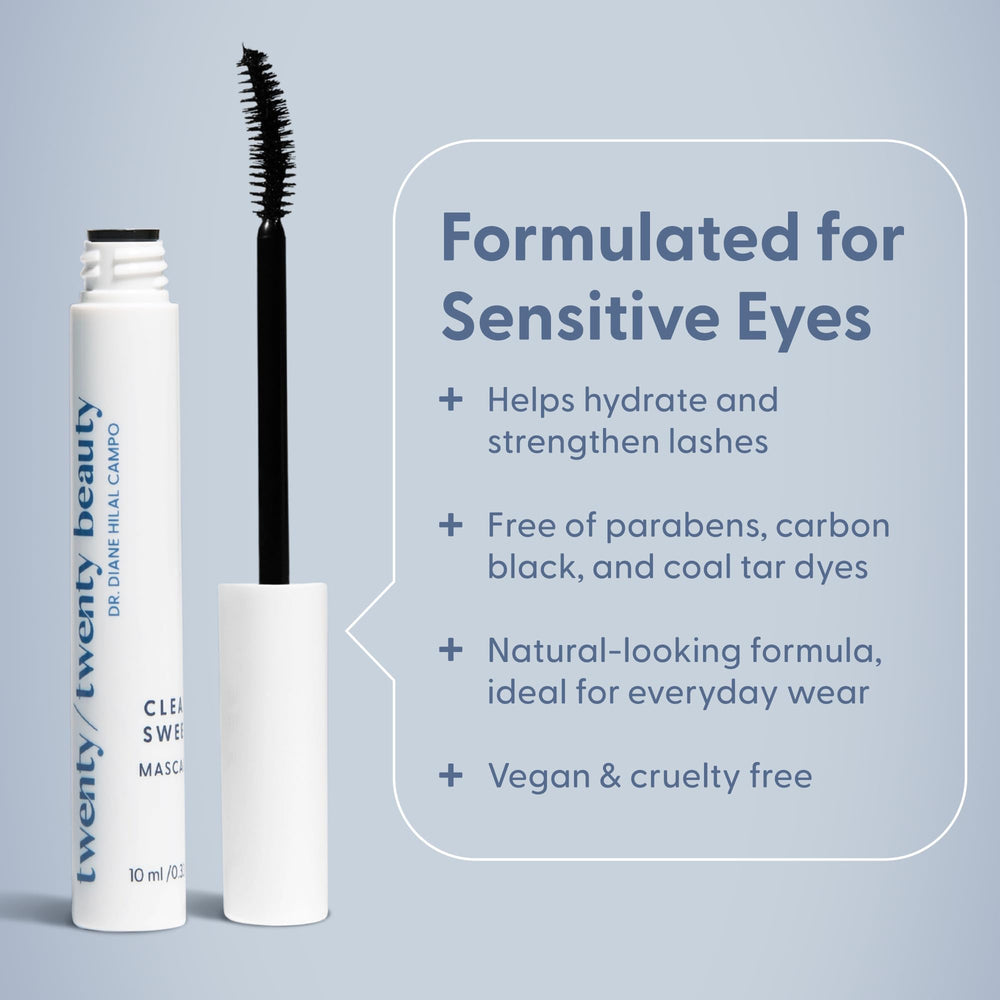 Close-up of Twenty Twenty mascara wand for precise, controlled lengthening.