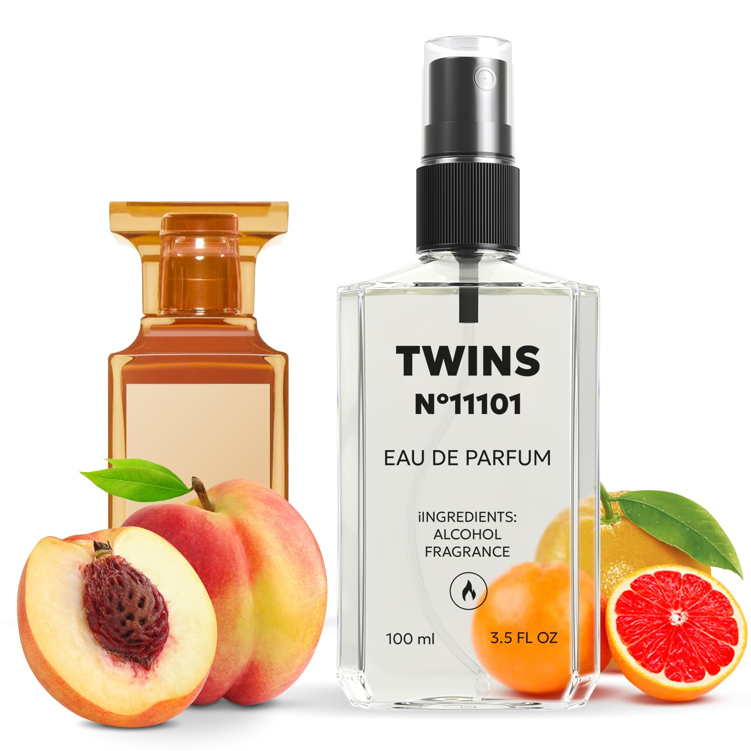 TWINS PARFUM Bitter Peach bottle front view for daily unisex wear.
