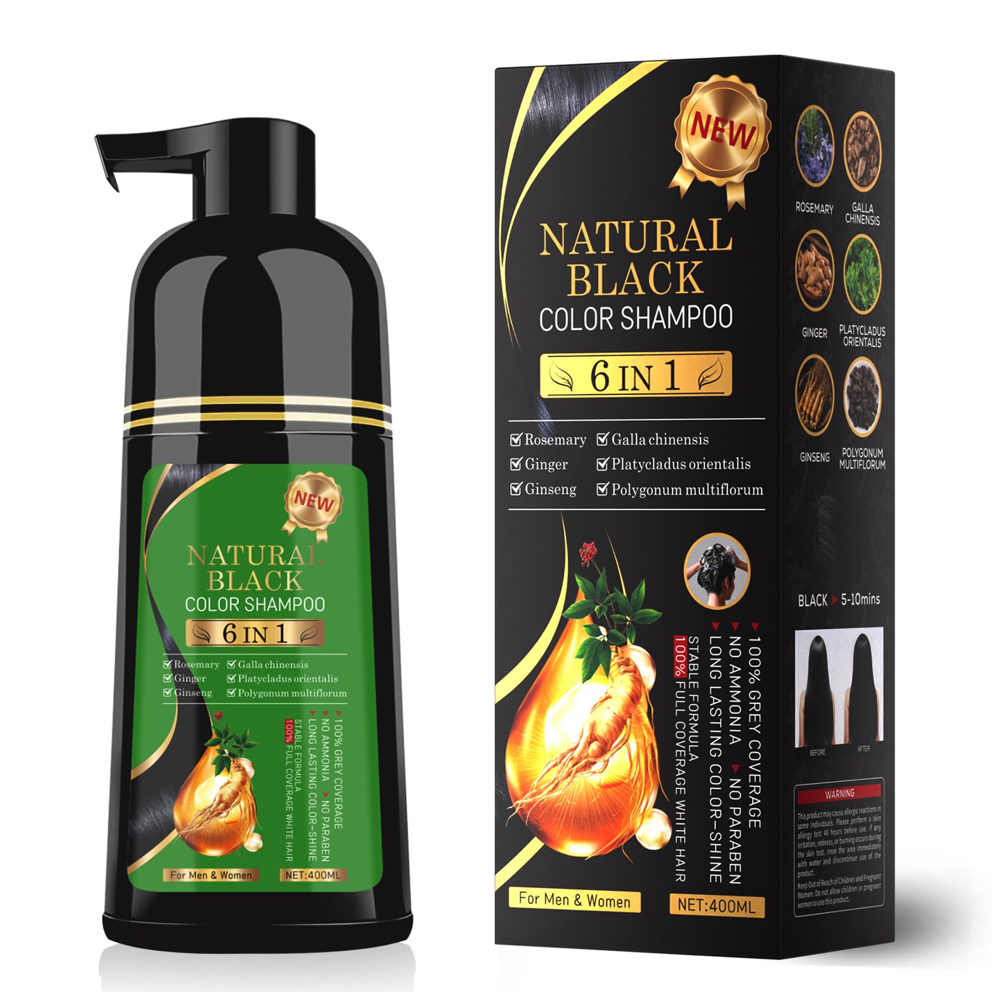 TWMINYUE Black Hair Dye Shampoo bottle showing ready-to-use color for home use.