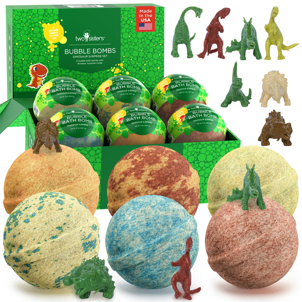 Two Sisters dinosaur bath bomb in 6-pack reveals toy inside for playful bath time