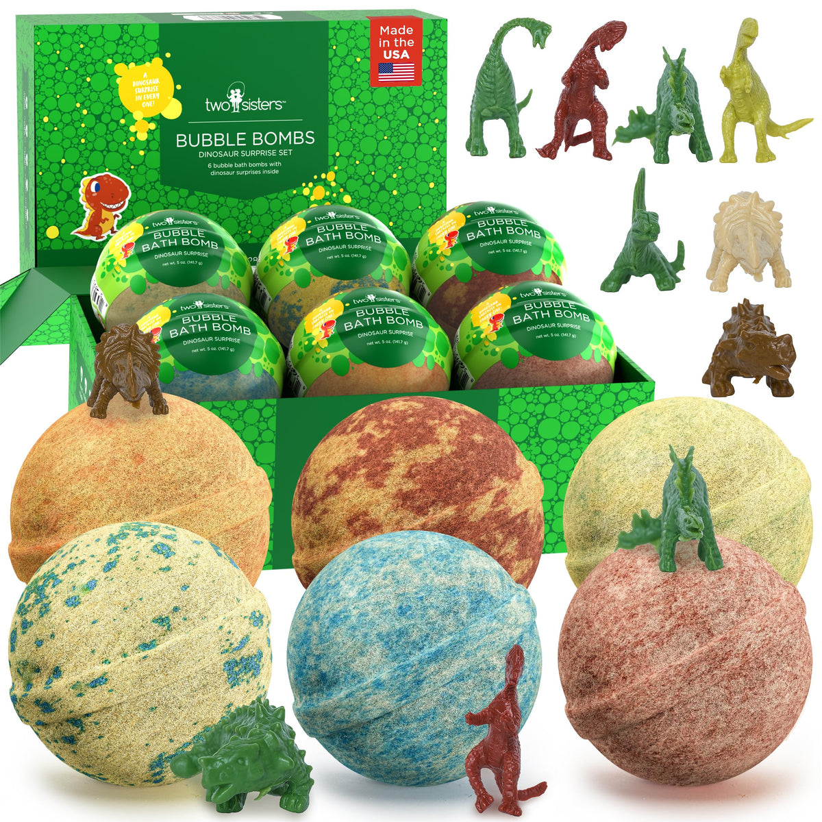 Two Sisters dinosaur bath bomb in 6-pack reveals toy inside for playful bath time