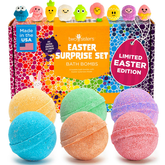 Two Sisters Easter bath bombs with inside toy in a 6-pack, ideal Easter gifting.
