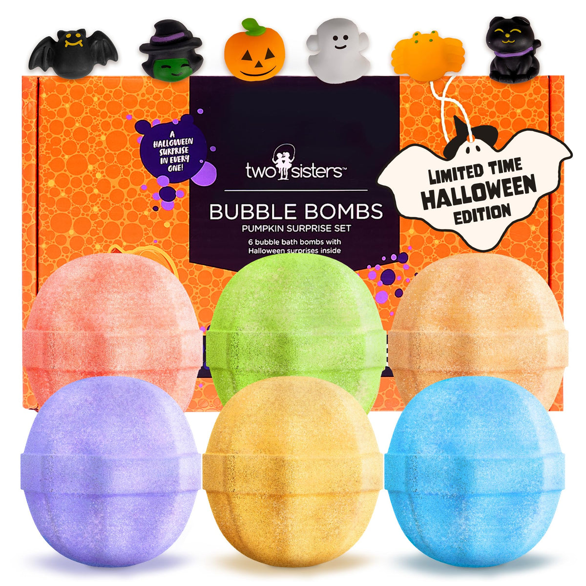 Two Sisters Halloween bath bomb pumpkin shaped with surprise toy inside for kids bath time fun
