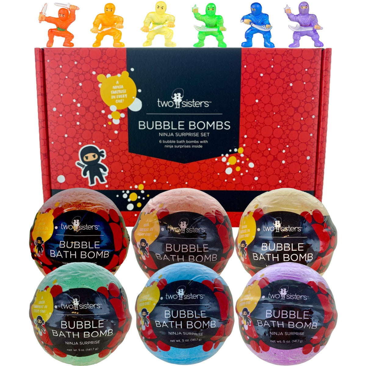 Two Sisters Ninja bath bombs in red bubble pack unleash color and fizz for kids.